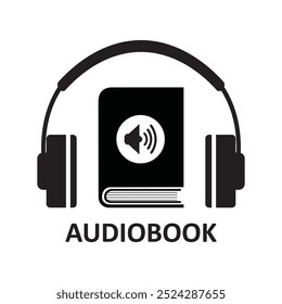 Livro, fones de ouvido e sinal de volume. Ícone simples preto do Audiobook. Este logotipo de áudio book simboliza a fusão de literatura e som, perfeito para qualquer serviço de audiolivro ou podcast com foco na literatura.