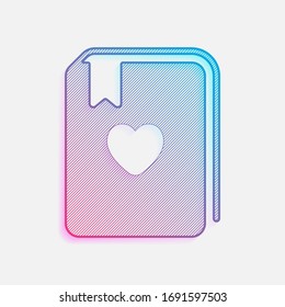 book with heart. Colored logo with diagonal lines and blue-red gradient. Neon graphic, light effect