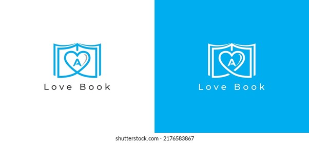 Book Heart Concept Sign Icon Symbol Design With Letter A. Love Book Logo Design. Vector Illustration Logo Template