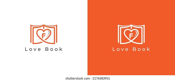 Book Heart Concept sign icon symbol Design with Letter F. Love Book Logo Design. Vector illustration logo template