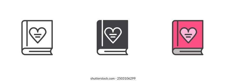 Libro con el corazón diferente conjunto de iconos de estilo. Línea, glifo y contorno relleno versión colorida, contorno y signo de Vector relleno. Símbolo de libro de la novela, ilustración del logotipo. Gráficos de Vector