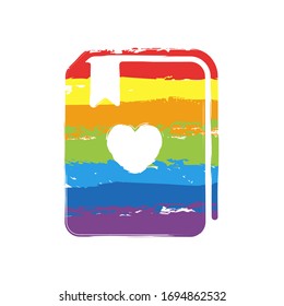 book with heart. Drawing sign with LGBT style, seven colors of rainbow (red, orange, yellow, green, blue, indigo, violet