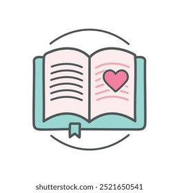 Book with heart. Open book with a heart symbol, depicting love of reading, literature, or romance.