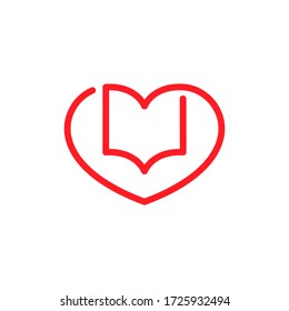 Book and heart outline symbol on white backdrop. Loving books concept