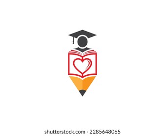 Book Heart Pencil Logo Concept symbol icon sign Element Design. E-book, Graduation, Library, Courses, Book Store and Academy Logotype. Vector illustration template 