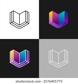 Book as a heart stylized logo. 3D perspective geometric creative gradient vibrant colors symbol of love reading books. Adjustable stroke.