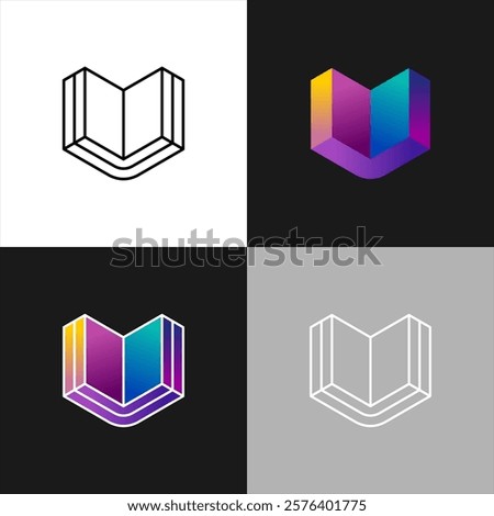 Book as a heart stylized logo. 3D perspective geometric creative gradient vibrant colors symbol of love reading books. Adjustable stroke.