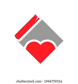 Book and heart symbol on white backdrop. Loving books concept