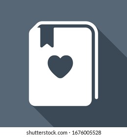 book with heart. White flat icon with long shadow on blue background