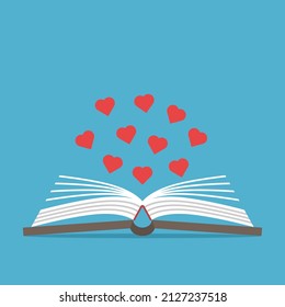 Book with hearts. Love, reading, hobby, education, romantic literature or interesting story concept. Flat design. Vector illustration. EPS 8, no gradients, no transparency