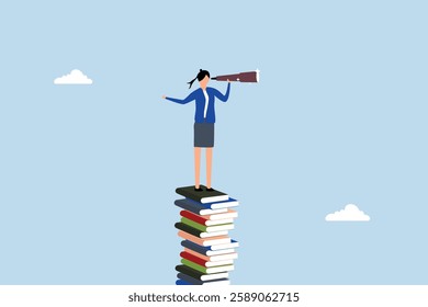 Book to help career advancement, businesswoman leader peers through telescope atop tall stack of books. 