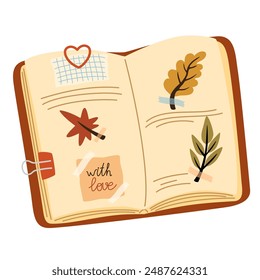 Book with Herbarium. Cozy autumn flowers and leaves. Literature, dictionary, encyclopedia, planner with bookmarks. Colored flat vector illustration isolated on white background