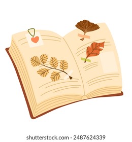 Book with Herbarium. Cozy autumn flowers and leaves. Literature, dictionary, encyclopedia, planner with bookmarks. Colored flat vector illustration isolated on white background
