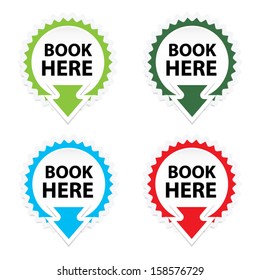 Book Here button, icon, sticker or symbols on white background - Vector.