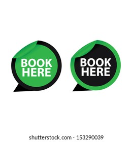 Book here sticker, label, icon, sign, symbol color green set. Vector