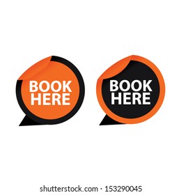 Book here sticker, label, icon, sign, symbol color orange set. Vector