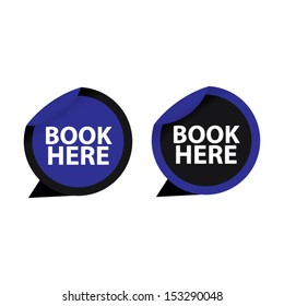 Book here sticker, label, icon, sign, symbol color blue set. Vector