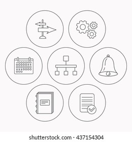 Book, hierarchy and direction arrows icons. Alarm bell linear sign. Check file, calendar and cogwheel icons. Vector