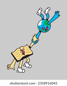 Book Holding Flying Earth Cartoon Character