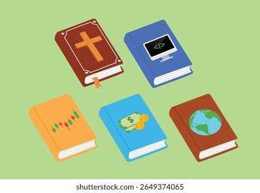 Book of holy bible, Programing, Coding Textbook, Trading Invest Stock Market Knowledge, Business Financial Guidebook, School Geography Education book For Learning illustration 