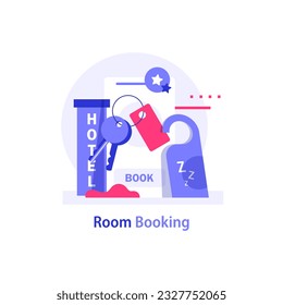 Book a hotel, concept illustration with a smartphone with booking and a hotel building. Vector illustration in flat style