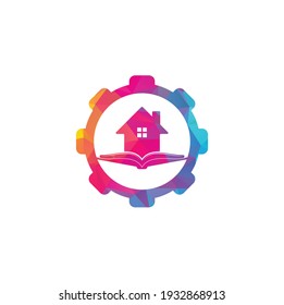 Book house gear shape concept logo design template. House and book logo vector icon.