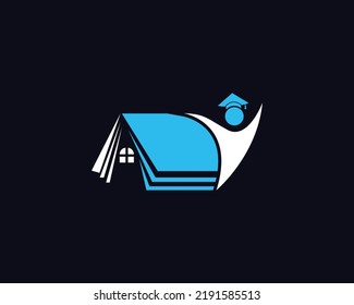 Book House, Home Tutor Logo Design. Graduation Hat With Student Vector Illustration.