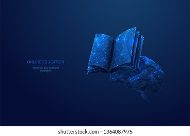 Book and human brain. Low poly wireframe online education blue background or concept with opened book. Digital Vector illustration. Online reading or courses. Abstract polygonal image of notebook