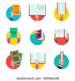 Book in human hands  icons set, vector illustration