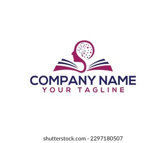 Book and human head education logo Design. Creative brain growing, ketamine molecule and mind enhancing vector illustration.