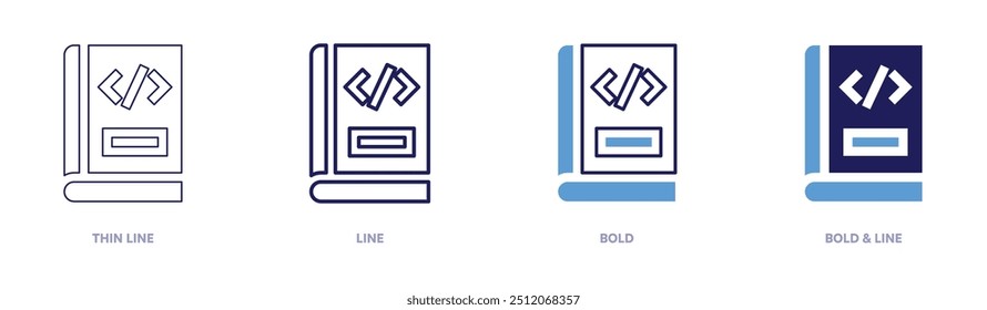 Book icon in 4 different styles. Thin Line, Line, Bold, and Bold Line. Duotone style. Editable stroke.