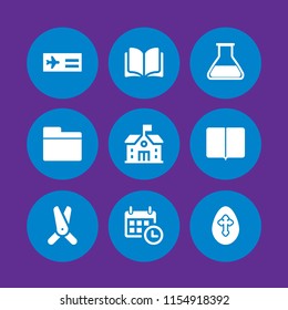 book icon. 9 book set with folder, open book, school and calendar with a clock time tools vector icons for web and mobile app