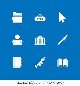 book icon. 9 book set with writer, open book, read and cursor vector icons for web and mobile app