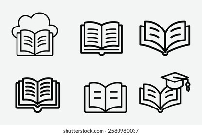 Book Icon Bundle. Minimalist Book Icon Set. Library and Reading Icon Pack. Open Book Outline Icons.