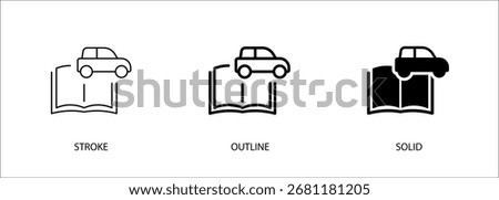 Book icon with car for driver training, education, instruction. Vector stroke, outline and solid icon. Eps10 file.