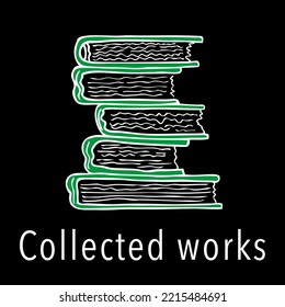 Book icon. Collected works. Vector drawing by hand on a black background.