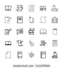 Book icon. collection of 25 book outline icons such as feather and paper, notepad, man and document, wooden wall, explosion, paper. editable book icons for web and mobile.