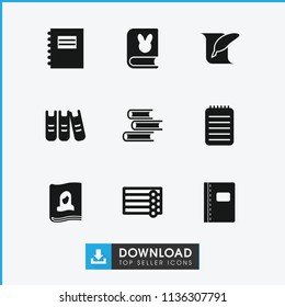 Book icon. collection of 9 book filled icons such as wooden wall, notepad, binder, feather and paper. editable book icons for web and mobile.