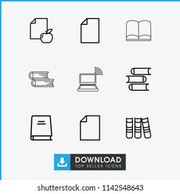Book icon. collection of 9 book outline icons such as paper, paper and apple, binder. editable book icons for web and mobile.