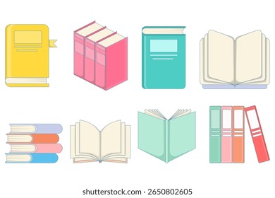 Book icon collection. Book collection. Colorful book covers. School textbooks. Literature or bookstore. Stack of cartoon books, knowledge, education. Flat vector illustration.