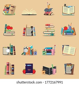 Book icon collection. Flat long shadow icon. Elements in flat design. Reader or library. Books for school or university