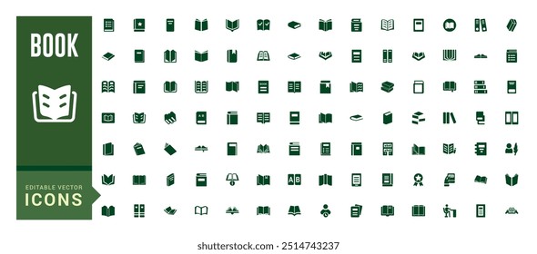 Book icon collection. Related to library, read, author, reading, e-book and more. Filled icon set, glyph icon set for web and ui. Editable stroke. Solid icon set.