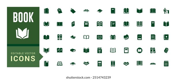 Coleção de ícones de livro. Relacionado a biblioteca, ler, autor, ler, e-book e muito mais. Conjunto de ícones preenchido, conjunto de ícones de glifo para Web e interface do usuário. Traçado editável. Ícone sólido definido.