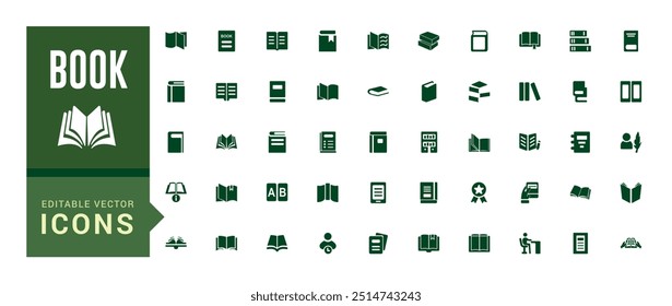 Coleção de ícones de livro. Relacionado a biblioteca, ler, autor, ler, e-book e muito mais. Conjunto de ícones preenchido, conjunto de ícones de glifo para Web e interface do usuário. Traçado editável. Ícone sólido definido.