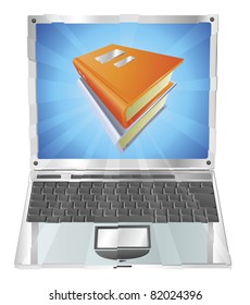 Book icon coming out of laptop screen concept for ebooks, reader apps,  online database, elearning.