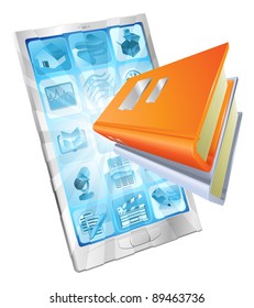 Book icon coming out of phone screen concept for ebooks, reader apps,  online database, elearning.