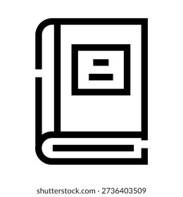Book icon depicting a closed hardback book with a stylized title on the cover, commonly symbolizing concepts of reading, learning, literature, and academic study