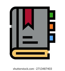 Ícone de livro que representa um planejador ou diário, com um marcador vermelho profundo e várias guias coloridas, representando o acesso a organização, aprendizado, estudo e informações