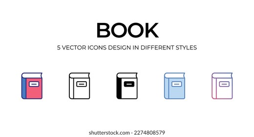 book Icon Design in Five style with Editable Stroke. Line, Solid, Flat Line, Duo Tone Color, and Color Gradient Line. Suitable for Web Page, Mobile App, UI, UX and GUI design.