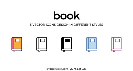 diseño de iconos de libro en estilo Cinco con barra editable. Línea, Sólido, Línea plana, Color de tono Duo y Línea de degradado de color. Adecuado para diseño de páginas Web, aplicaciones móviles, UI, UX y GUI.